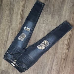 Girls' Dark Wash Distressed Jeans with Camo/Sequins, Size 7, Adjustable Waist